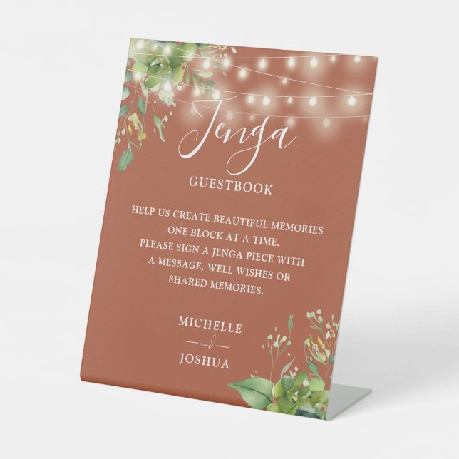 Greenery Lights Terracotta Jenga Wedding Gästebuch Sockelschild (Vorderseite)