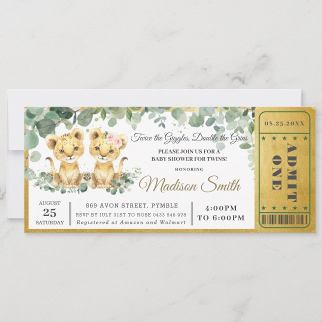 Greenery Lion Twins Boy Girl Baby Shower Ticket Einladung (Vorderseite)