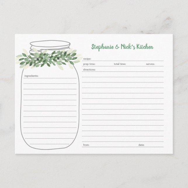 Greenery Mason Jar Recipe Cards Ankündigungspostkarte (Vorderseite)