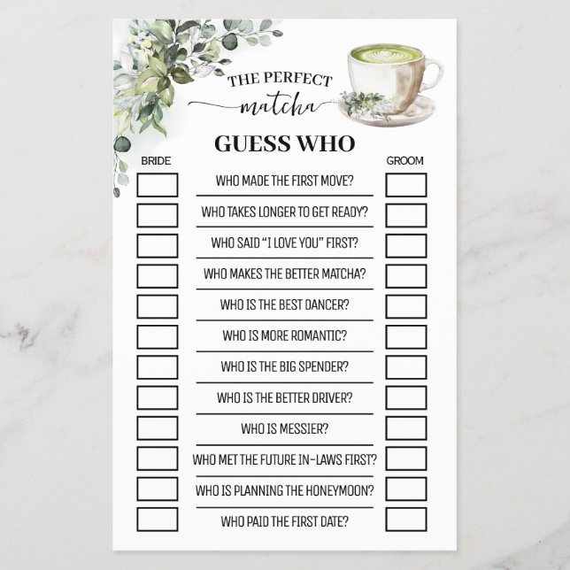 Greenery Matcha Guess Who Bridal Shower Game Card Flyer (Vorne)