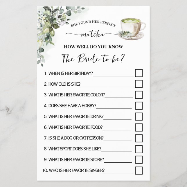 Greenery Matcha How Well Do You Know Her Game Card Flyer (Vorne)