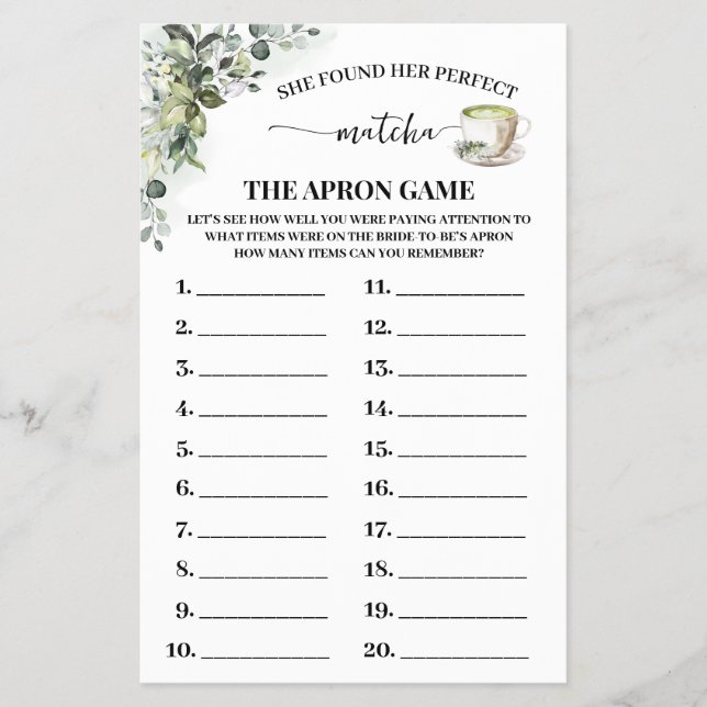 Greenery Matcha The Apron Bridal Shower Game Card Flyer (Vorne)