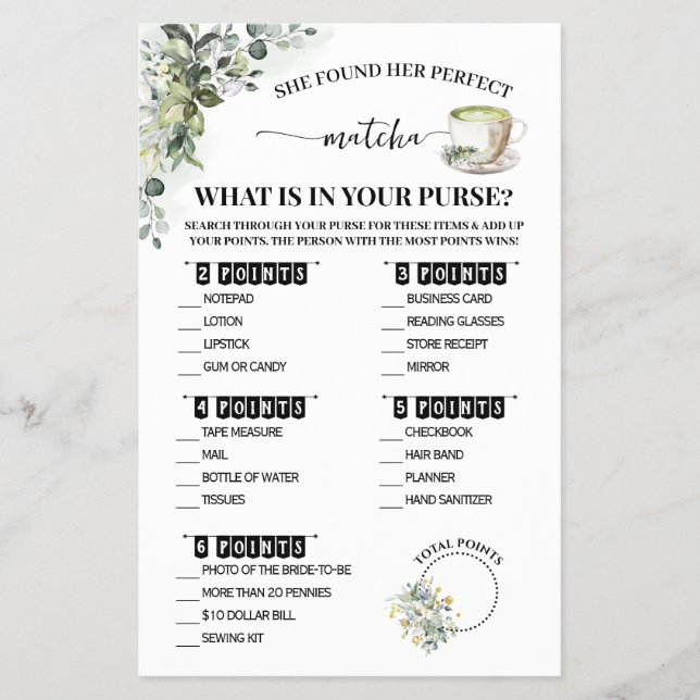 Greenery Matcha What is in Purse Shower Game Card Flyer (Vorne)