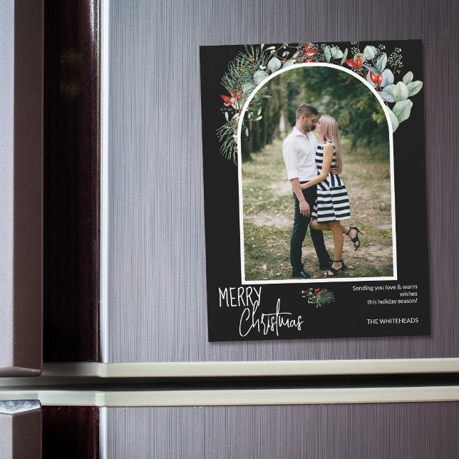 Greenery Merry Christmas Arch Foto Black Magnetkarte (You will love these beautiful Christmas cards! They feature botanical watercolor pine and berries.)