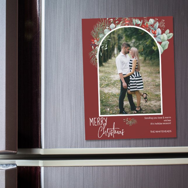 Greenery Merry Christmas Arch Foto Burgundy Magnetkarte (You will love these beautiful Christmas cards! They feature botanical watercolor pine and berries.)