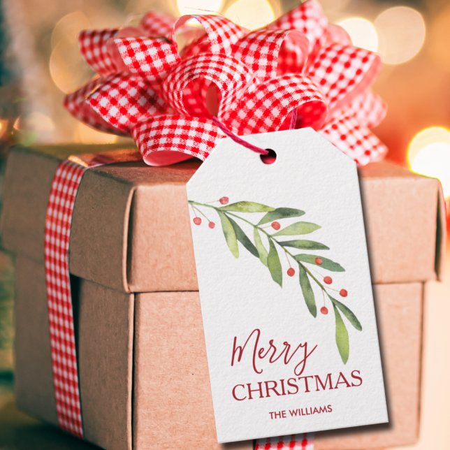 Greenery Merry Christmas Geschenkanhänger (Greenery branch and berries Merry Christmas gift/favor tags personalized with your names)