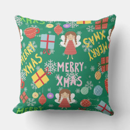 Greenery Merry Xmas Text mädchenhaft rot gelb Must Kissen