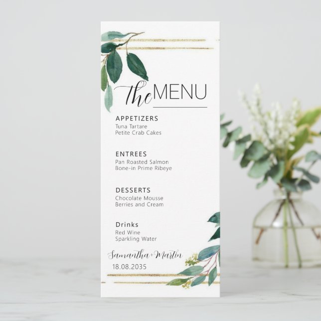 Greenery Minimal Script Wedding Menu Menükarte (Stehend Vorderseite)