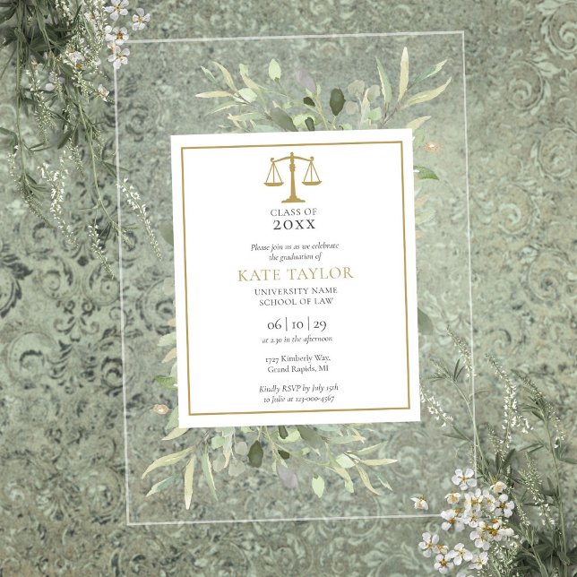 Greenery Modern Gold Law School Abschluss Acryleinladungen (Greenery Modern Gold Law School Graduation Acrylic Invitations)