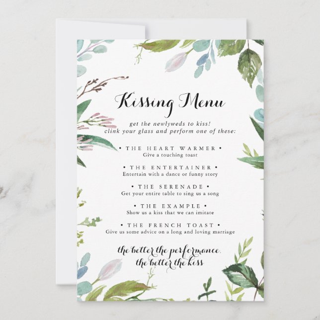 Greenery Modern Wedding Kissing Menu Game Card (Vorderseite)