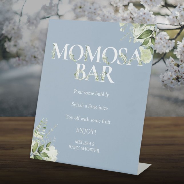 Greenery Momosa Bar Dusty Blue Baby Dusche Sockelschild (Greenery Momosa Bar Dusty Blue Baby Shower Pedestal Sign)