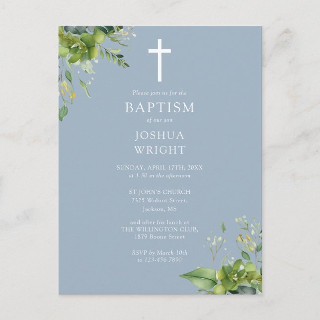 Greenery Monogram Baptism Dusty Blue Einladung Postkarte (Vorderseite)