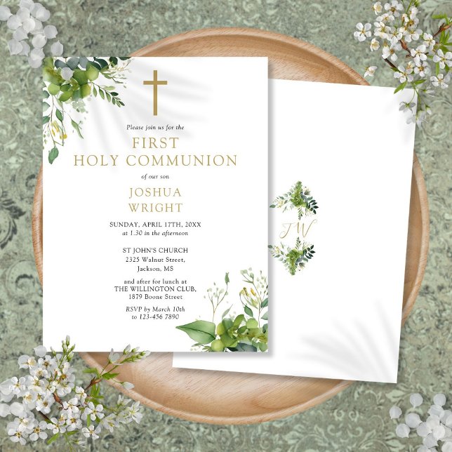 Greenery Monogram Erstkommunion Einladung Postkarte (Greenery Monogram First Holy Communion Invitation Postcard)