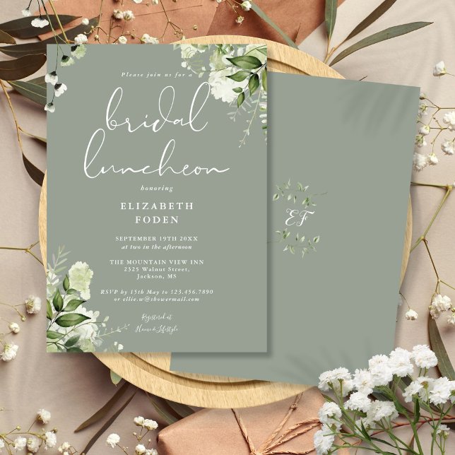 Greenery Monogram Sage Green Bridal Luncheon Einladung (Greenery Monogram Sage Green Bridal Luncheon Invitation)