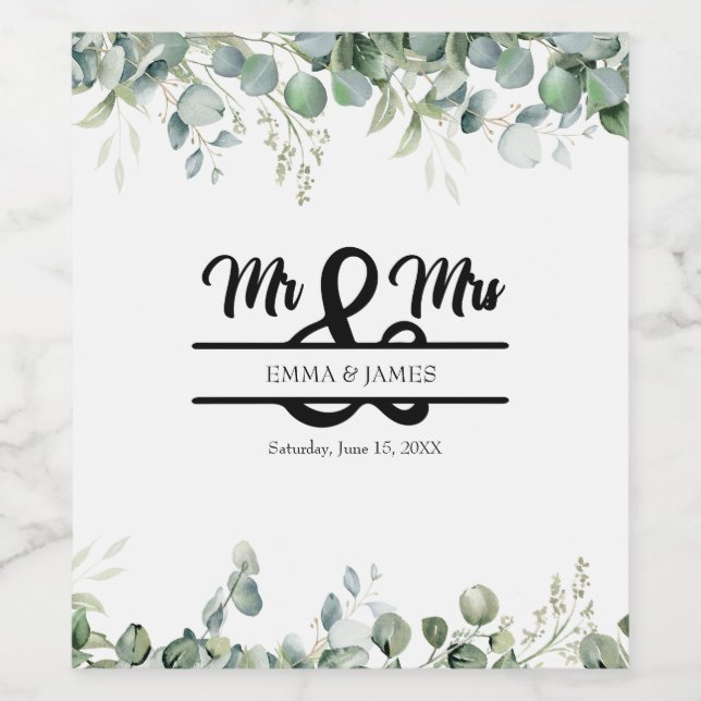 Greenery Mr. & Mrs. Wedding Weinlabel Weinetikett (Einzelnes Label)