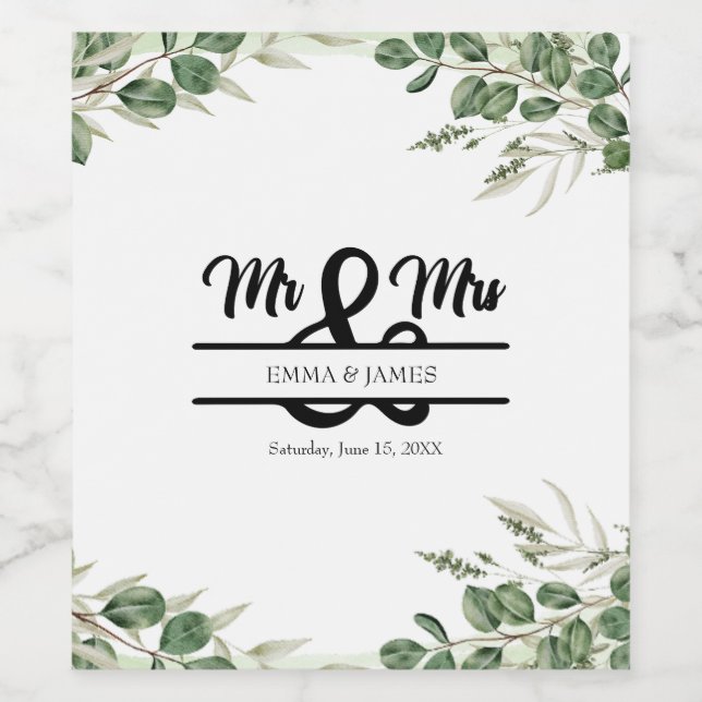 Greenery Mr. & Mrs. Wedding Weinlabel Weinetikett (Einzelnes Label)