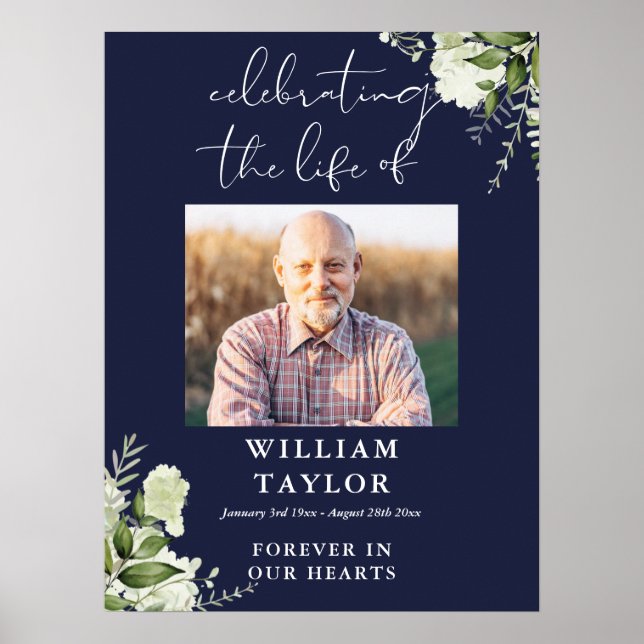 Greenery Navy Blue Celebration Of Life Photo Poster (Vorne)