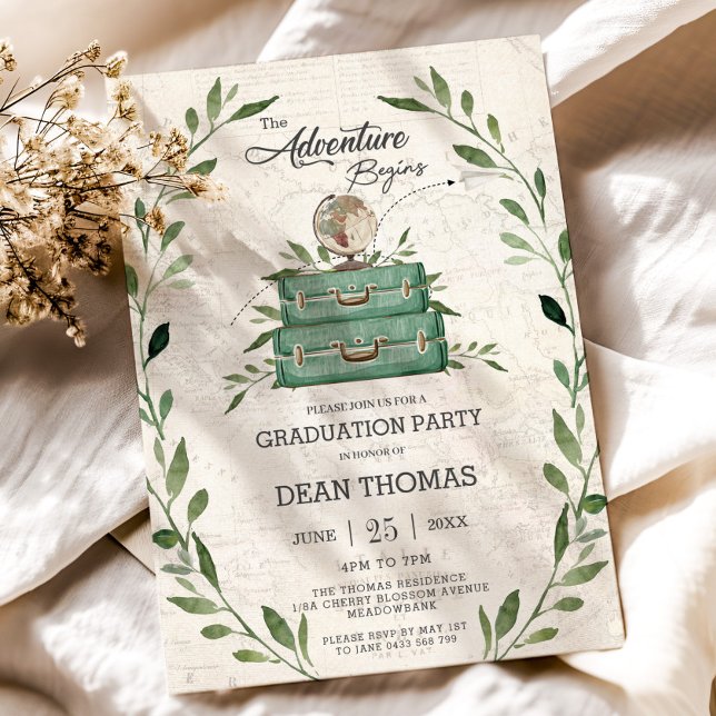 Greenery New Adventure beginnt Journey Abschluss Einladung (the adventure begins greenery suitcases globe graduation party photo picture invitation printed )