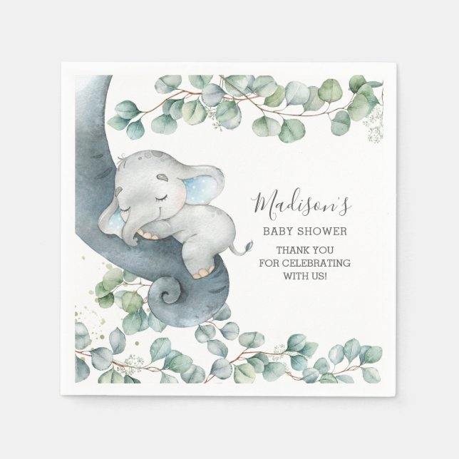 Greenery Niedlich Elephant Boy Baby Shower Geburts Serviette (Vorderseite)