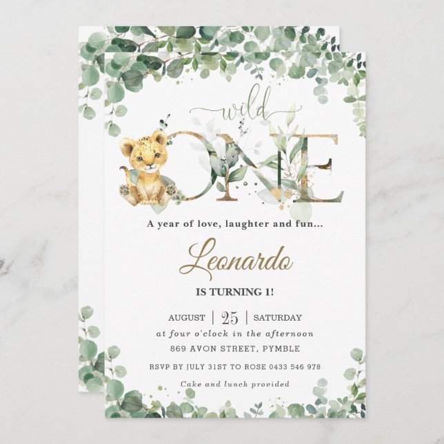 Greenery Niedlich Lion Cub Boy1st Geburtstag Wild  Einladung (Vorne/Hinten)