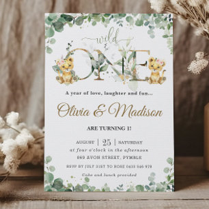 Greenery Niedlich Lion Cubs Twins Girls 1. Geburts Einladung