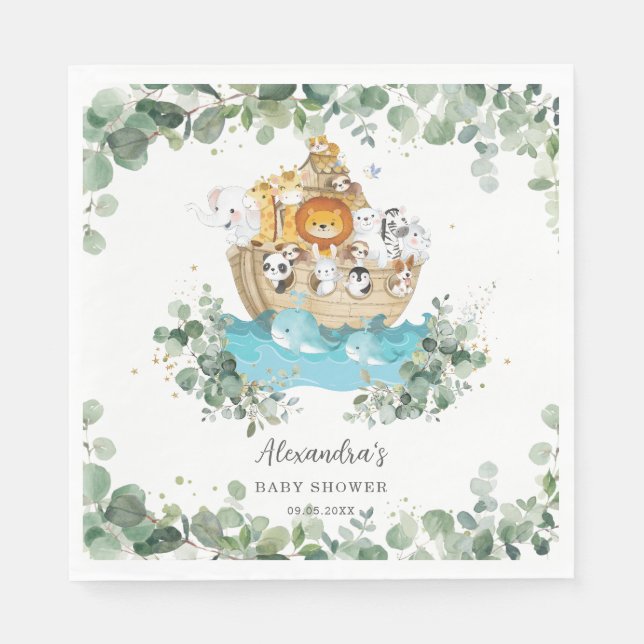 Greenery Noah's Ark Niedlicher Tiere Baby Birthday Serviette (Vorderseite)