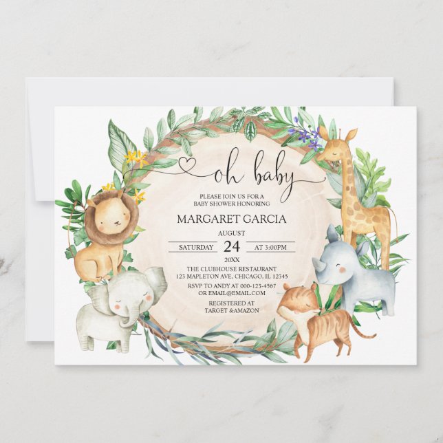Greenery Oh Baby Jungle Safari Animals Baby Dusche Einladung (Vorderseite)