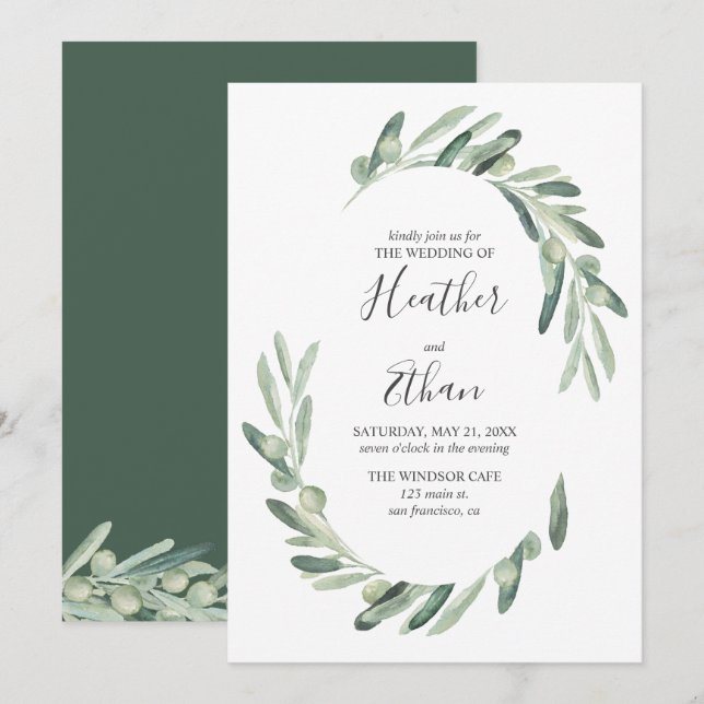 Greenery Olive Moderner Schriftart Hochzeit Einladung (Vorne/Hinten)