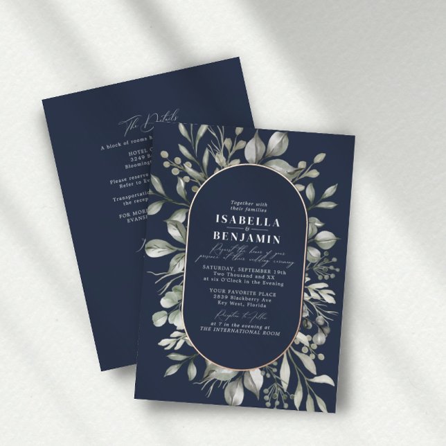 Greenery Oval Navy UAWG QR Code Wedding Rose Gold Folieneinladung (Von Creator hochgeladen)