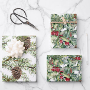 Greenery Pine Cones Red Berry Geschenkpapier Set