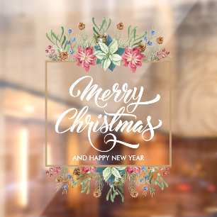 Greenery Pines Poinsettias Frohe Weihnachten Fensteraufkleber