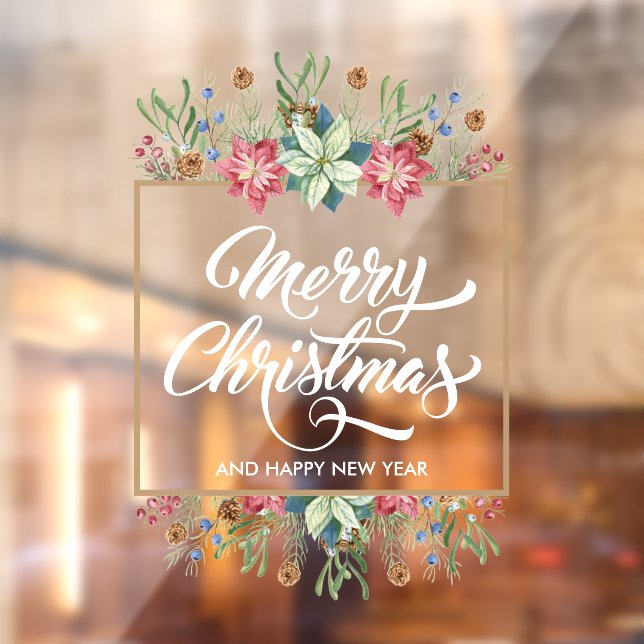 Greenery Pines Poinsettias Frohe Weihnachten Fensteraufkleber (Blatt 2)