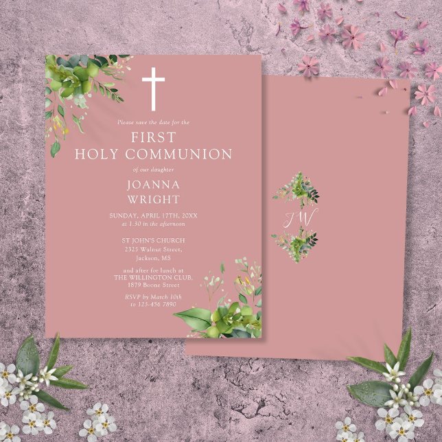 Greenery Pink Erste heilige Kommunion Save the Dat Postkarte (Greenery Pink First Holy Communion Save The Date Postcard)