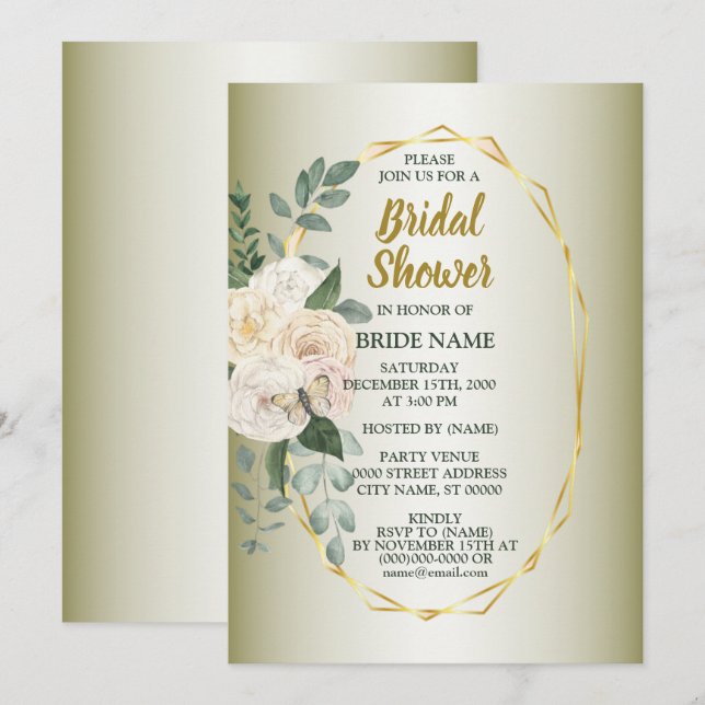 Greenery  Pink Floral Gold Geometric Bridal Shower Einladung (Vorne/Hinten)