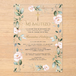 Greenery Pink Floral Spanish Mi Bautizo Baptism Acryleinladungen