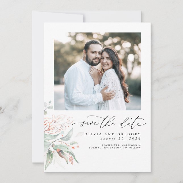 Greenery Pink Gold Blätter Boho Save the Date Foto (Vorderseite)