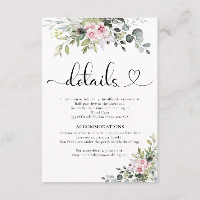 Greenery Pink Rose Hochzeitkarte Begleitkarte (Vorderseite)