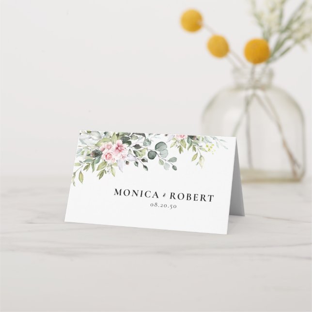Greenery Pink Rose Hochzeitsgefaltete Platzkarten (Vorderseite)