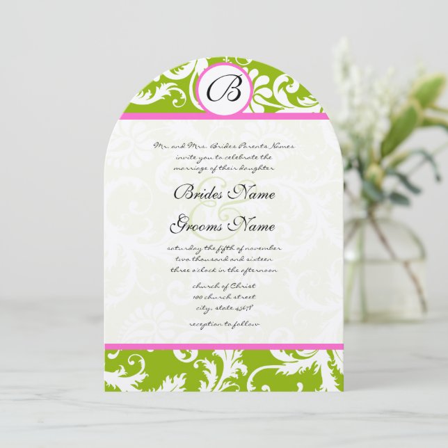 Greenery & Pink Yarrow Damask Einladung zur Hochze (Stehend Vorderseite)