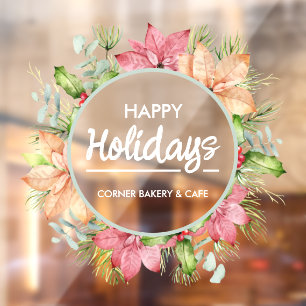 Greenery Poinsettia Wreath Happy Holidays Fensteraufkleber