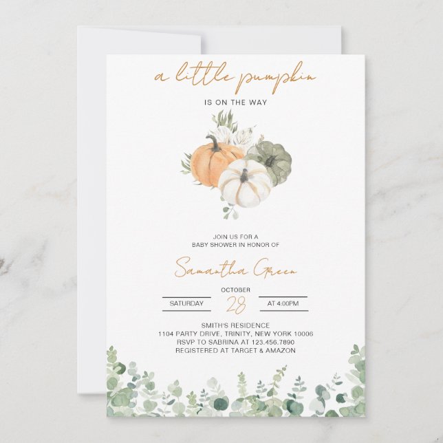 Greenery Pumpkin Baby Shower Einladung (Vorderseite)