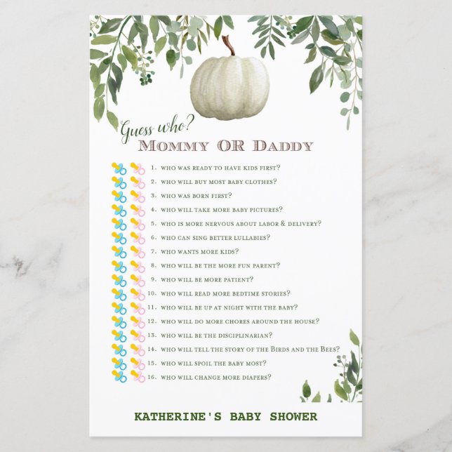 Greenery Pumpkin Baby Shower Game PRINTED (Vorderseite)