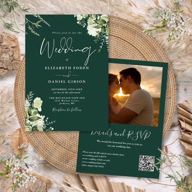 Greenery QR Code Foto Emerald Green Wedding Einladung (Greenery QR Code Photo Emerald Green Wedding Invitation)