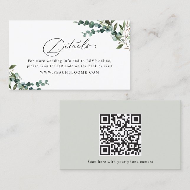 Greenery QR Code Wedding Details Enclosure Card Visitenkarte (Vorne/Hinten)