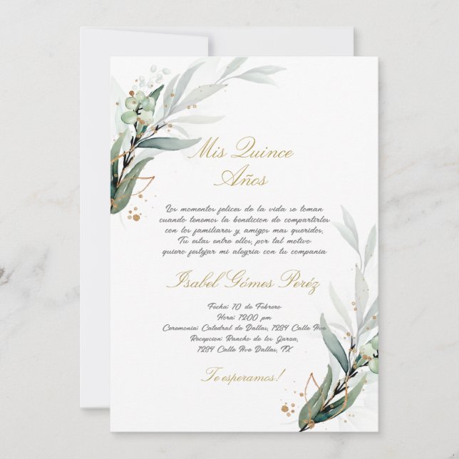 Greenery Quinceanera Einladung auf Spanisch (Vorderseite)