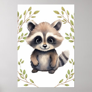 Greenery Raccoon Woodland Animals Kinderzimmer Poster
