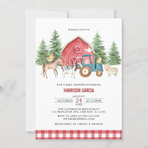 Greenery Red Barnyard Farm Animals Baby Shower Einladung