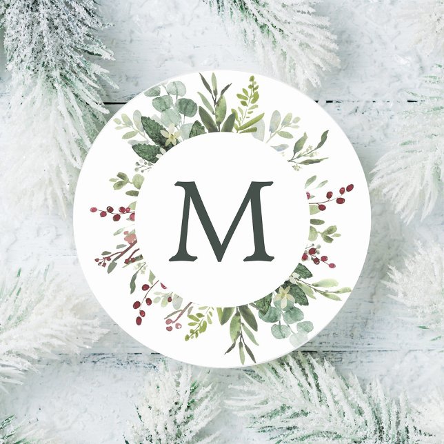 Greenery Red Berries Holiday Monogram Runder Aufkleber (Von Creator hochgeladen)