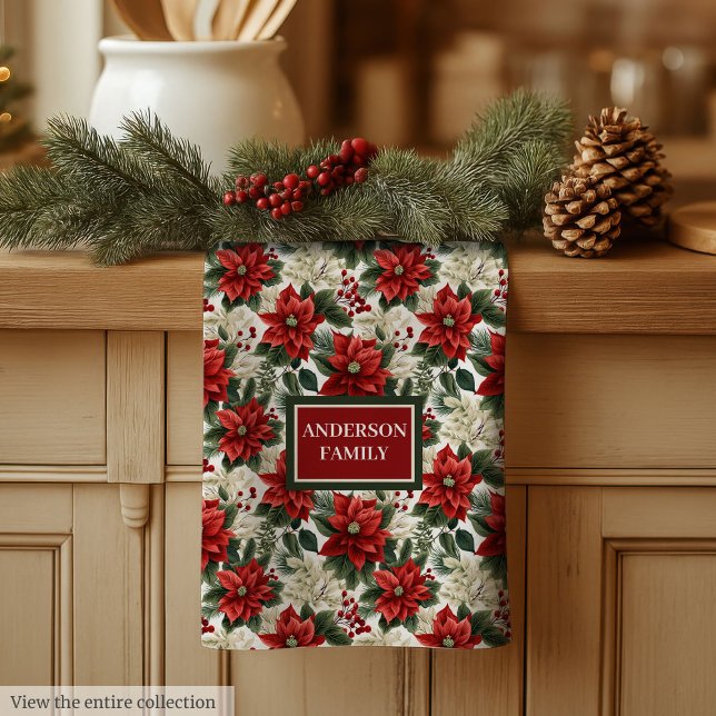 Greenery & Red Poinsettia Towel Elegant Holiday Geschirrtuch (Greenery & Red Poinsettia Towel Elegant Holiday)