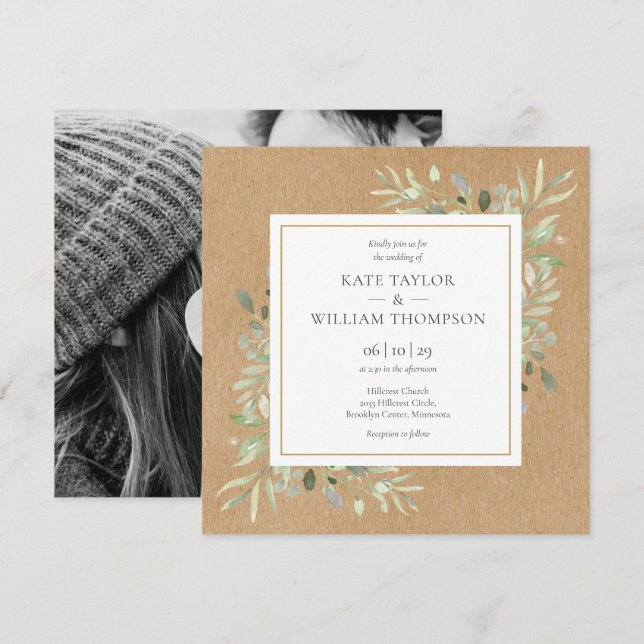 Greenery Rustic Kraft Foto Wedding Einladung (Vorne/Hinten)
